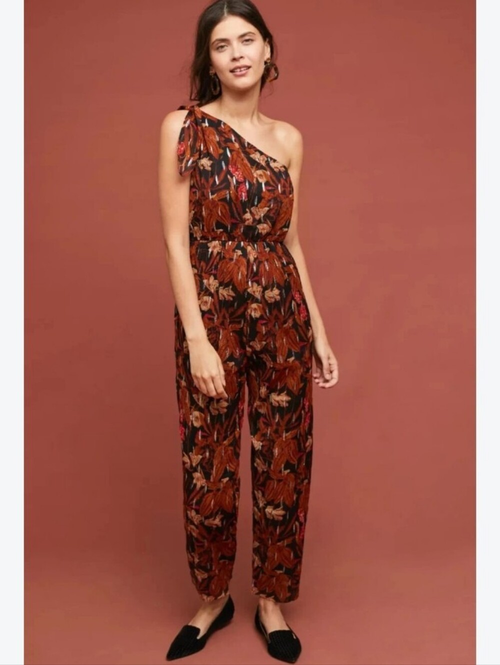 Anthropologie Maeve one-shoulder jumpsuit in a brown floral print